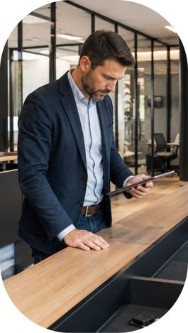 Agenceur d’intérieur supervisant l’installation de mobilier sur mesure dans des bureaux modernes.