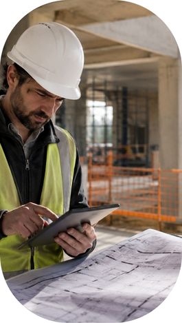 Métreur vérificateur consultant des plans techniques sur tablette numérique sur un chantier de construction.