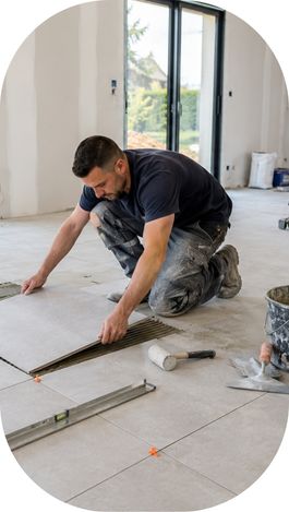 Carreleur posant des carreaux grand format dans une maison neuve.