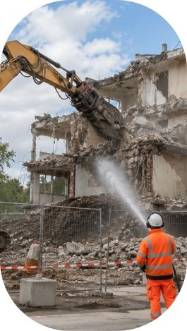 Entreprise de démolition intervenant sur un bâtiment partiellement déconstruit avec engin de chantier.