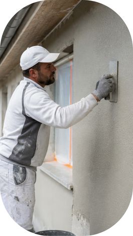 Enduiseur façadier appliquant un enduit extérieur sur une maison en rénovation.