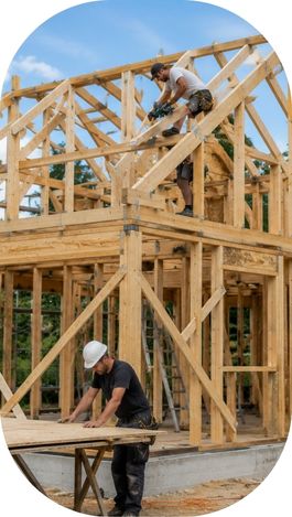 Équipe construisant une maison à ossature bois avec structure apparente sur chantier.