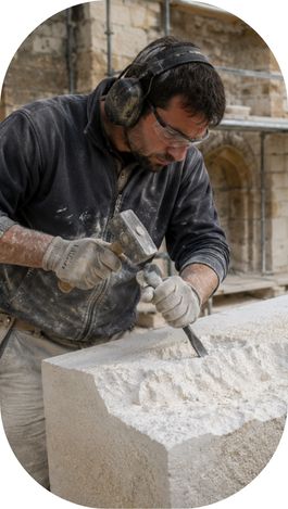 Tailleur de pierre travaillant un bloc de pierre naturelle sur un chantier de restauration.