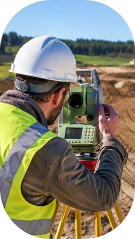 Géomètre réalisant un relevé topographique avec une station totale sur un chantier de construction.