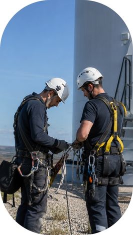 Techniciens éoliens équipés de harnais intervenant au pied d’une éolienne.