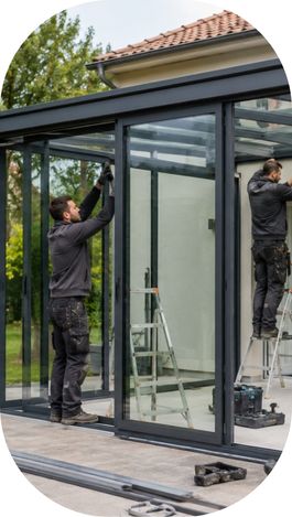 Professionnels installant une véranda moderne en aluminium et verre attenante à une maison.