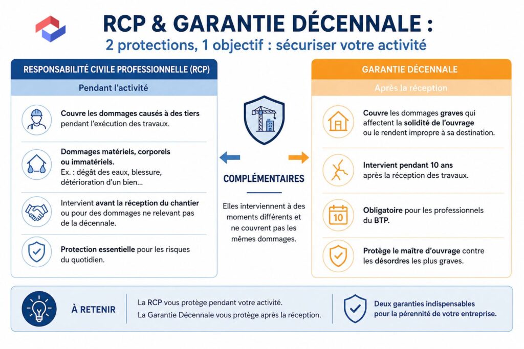Infographie comparative entre la responsabilité civile professionnelle (RCP) et la garantie décennale dans le BTP, présentant leurs différences et leur complémentarité.
