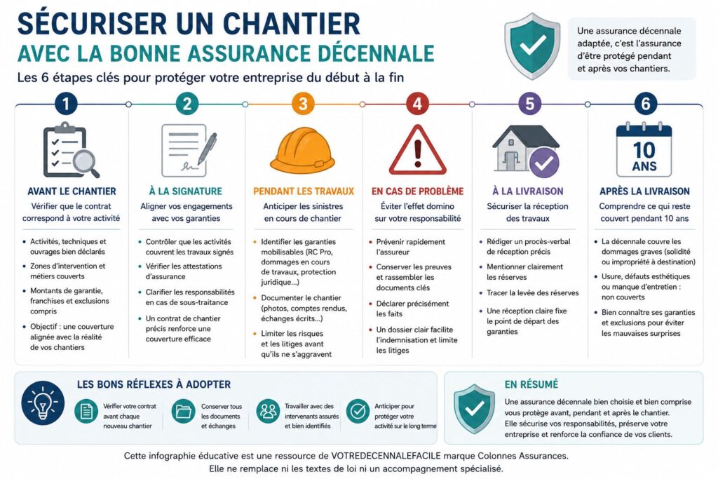 Infographie présentant les 6 étapes pour sécuriser un chantier avec une assurance décennale adaptée, du contrat à la livraison.