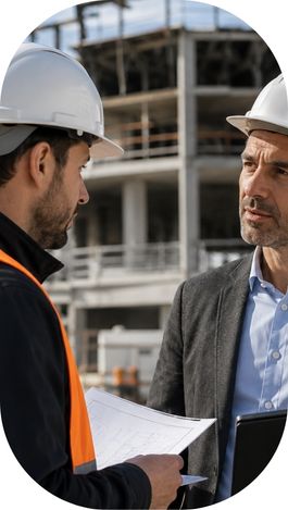 Sous-traitant et maître d’œuvre discutant sur un chantier de construction avec plans et tablette en main.