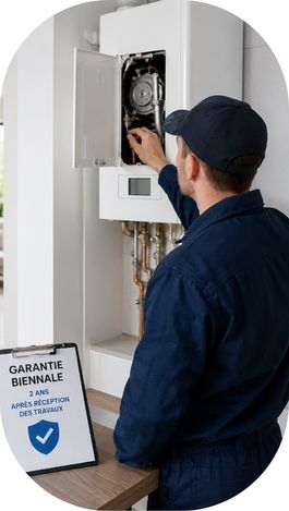 Technicien intervenant sur une chaudière murale dans une maison, avec un document indiquant la garantie biennale de 2 ans après réception des travaux.