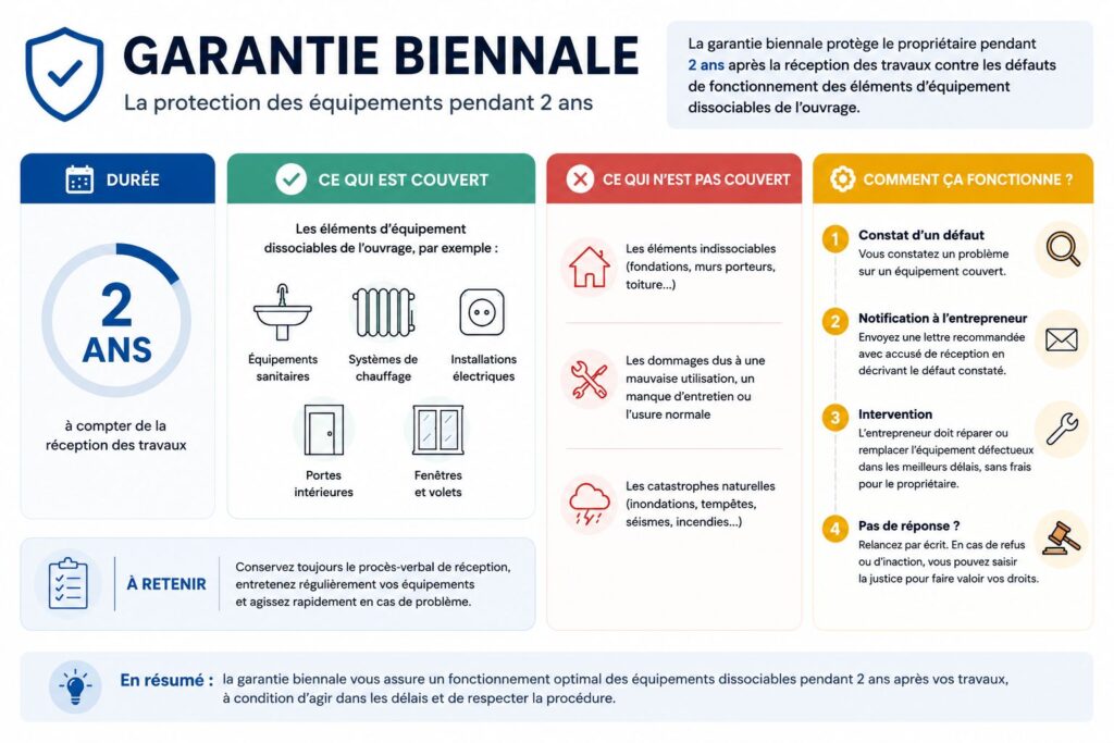 Infographie sur la garantie biennale, qui résume sa durée de deux ans, les équipements couverts, les exclusions et les démarches à suivre en cas de défaut.