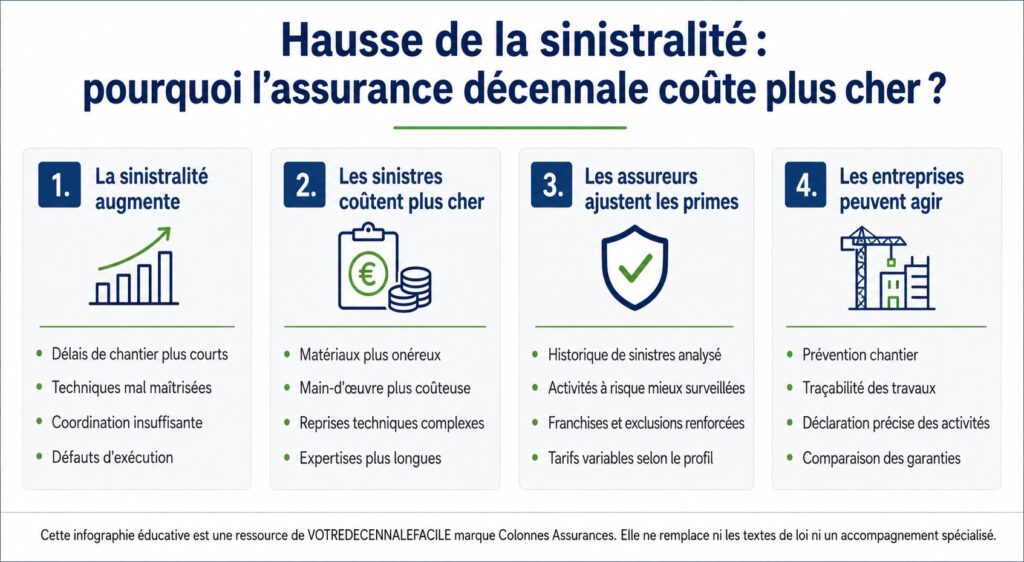 Infographie expliquant pourquoi la hausse de la sinistralité entraîne une augmentation du coût de l’assurance décennale pour les entreprises du BTP.
