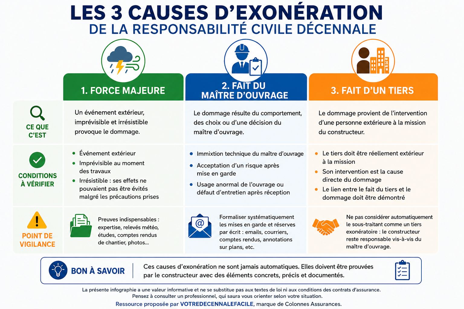 Infographie présentant les trois causes d’exonération possibles de la responsabilité civile décennale : force majeure, fait du maître d’ouvrage et fait d’un tiers.