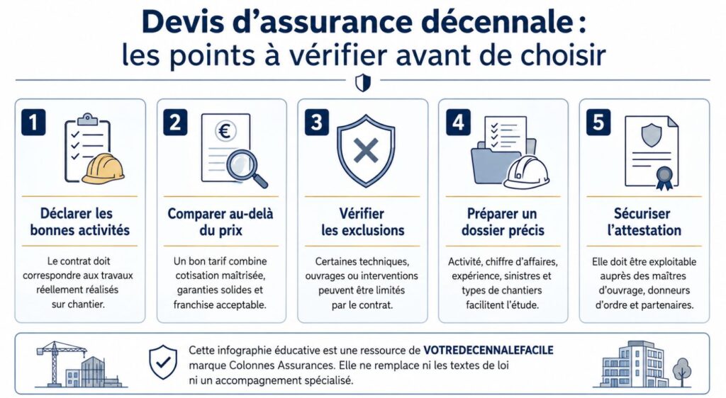 Infographie VOTREDECENNALEFACILE présentant les points à vérifier avant de choisir un devis d’assurance décennale : activités déclarées, garanties, exclusions, dossier et attestation.