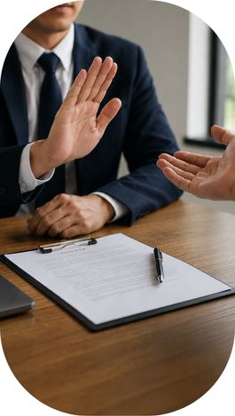 Assureur refusant une demande d’indemnisation lors d’un rendez-vous professionnel.