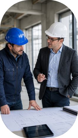 Maître d’œuvre et sous-traitant échangeant calmement autour de plans de chantier dans un bâtiment en construction, avec casques de sécurité et ambiance professionnelle.