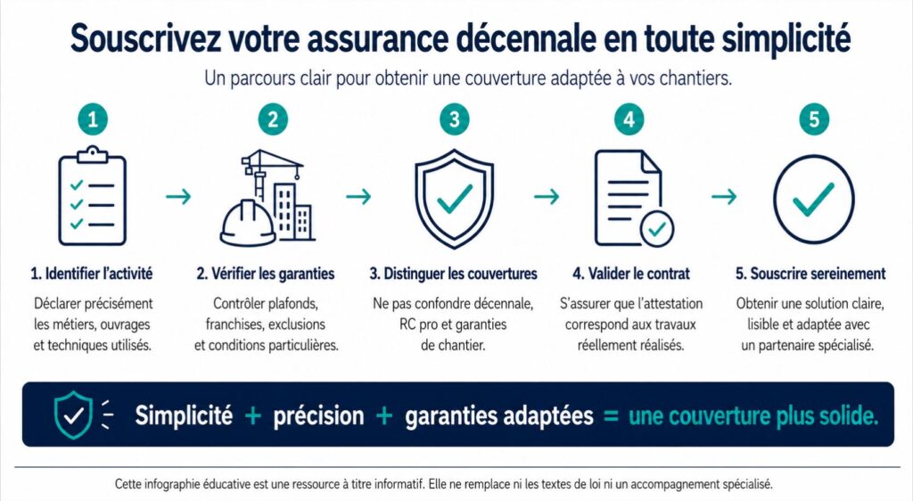 Infographie présentant les étapes pour souscrire une assurance décennale adaptée aux chantiers des professionnels du BTP.