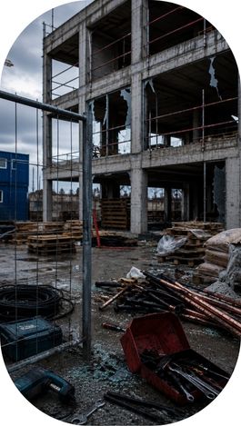 Chantier de construction endommagé avec matériel éparpillé au sol, câbles, outils et matériaux visibles derrière une clôture de sécurité, illustrant les conséquences d’un acte de vandalisme ou d’un vol sur chantier.