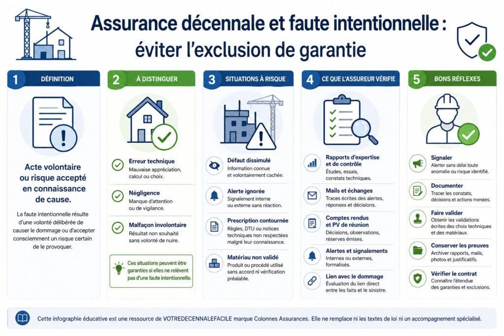 Infographie sur la faute intentionnelle en assurance décennale, les situations à risque et les bons réflexes pour éviter une exclusion de garantie.