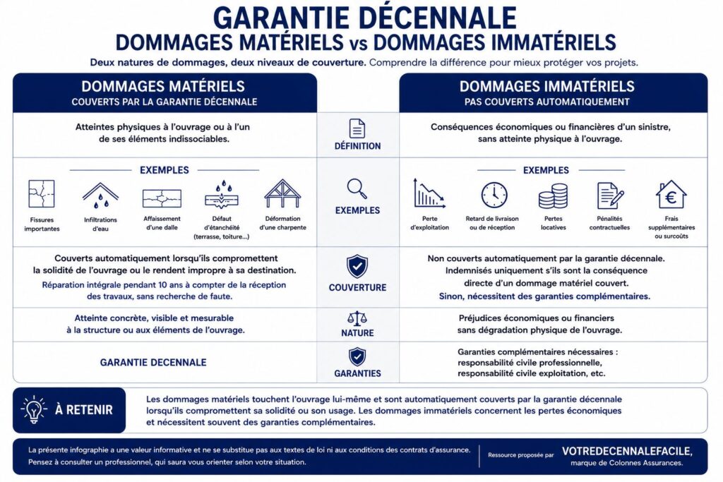 Infographie comparative sur la garantie décennale expliquant la différence entre les dommages matériels et les dommages immatériels. À gauche, les dommages matériels couverts automatiquement par la garantie décennale : fissures importantes, infiltrations d’eau, affaissement d’une dalle, défaut d’étanchéité et déformation de charpente. À droite, les dommages immatériels non couverts automatiquement : perte d’exploitation, retard de livraison, pertes locatives, pénalités contractuelles et surcoûts. L’infographie précise que les dommages matériels affectent physiquement l’ouvrage, tandis que les dommages immatériels correspondent à des conséquences financières nécessitant souvent des garanties complémentaires.