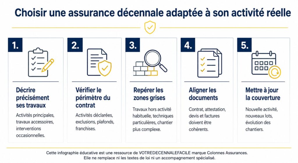 Infographie présentant les 5 points de vigilance pour choisir une assurance décennale adaptée à l’activité réelle d’une entreprise du BTP : description des travaux, vérification du contrat, identification des zones grises, cohérence des documents et mise à jour de la couverture.