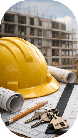 Scène réaliste sur un chantier : casque de sécurité, plans et outils posés sur une table, avec un bâtiment en construction et un professionnel du BTP en arrière-plan.