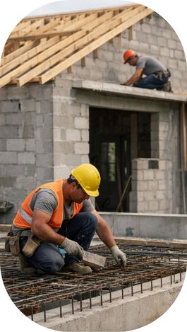 Ouvriers du bâtiment en train de travailler sur le chantier d’une maison individuelle, avec pose d’armatures métalliques et travaux de toiture.