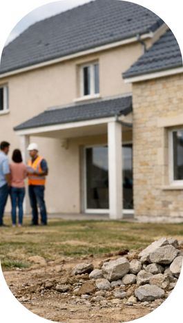 Maison neuve en cours de réception avec un tas de gravats au pied du mur, tandis qu’un couple échange avec un professionnel du chantier en arrière-plan.