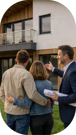 Couple avec un professionnel devant une maison neuve terminée lors d’une visite de réception