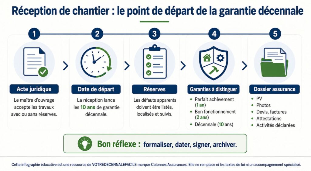 Infographie expliquant pourquoi la réception de chantier marque le point de départ de la garantie décennale et comment sécuriser cette étape.
