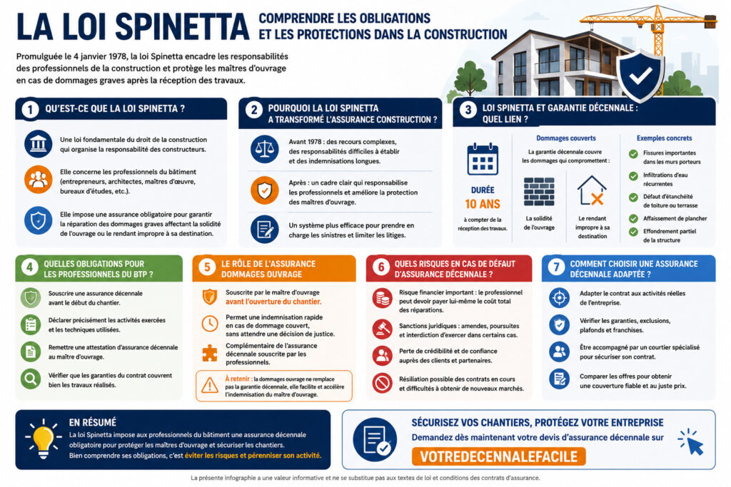 Infographie sur la loi Spinetta présentant ses obligations, la garantie décennale, l’assurance dommages ouvrage et les risques en cas de défaut d’assurance.