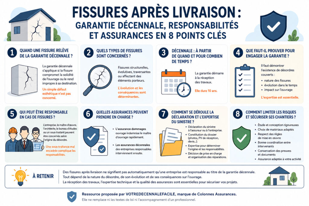 Infographie sur les fissures après livraison d’un chantier, expliquant en 8 points la garantie décennale, les responsabilités, les assurances mobilisables et les démarches à suivre.