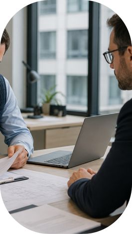 Professionnel du BTP finalisant un dossier d’assurance avec un conseiller dans un bureau moderne.