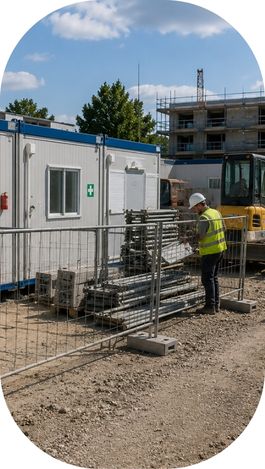 Chantier temporaire avec installations modulaires et clôtures de sécurité.