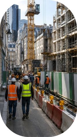 Professionnels du BTP circulant sur un chantier urbain sécurisé avec grue et échafaudages.