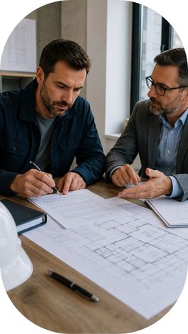 Professionnel du BTP signant un document contractuel avec un conseiller.