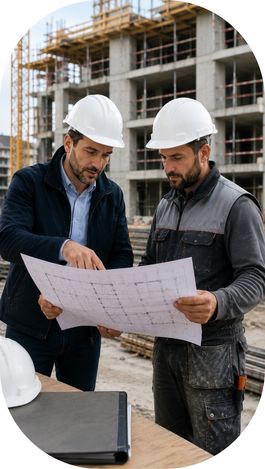 Deux professionnels du BTP étudiant des plans sur chantier.