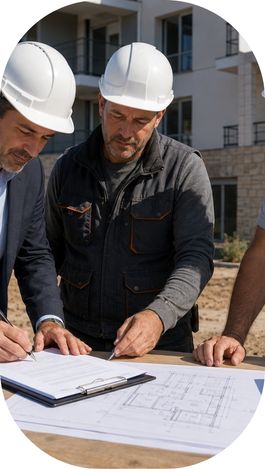 Professionnels du BTP signant un procès-verbal de réception sur un chantier terminé.