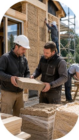 Professionnels du bâtiment manipulant des matériaux biosourcés devant une structure en bois en construction.