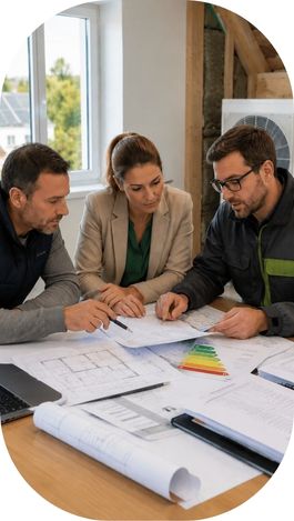 Professionnels du BTP réunis autour de documents techniques pour étudier un projet de rénovation énergétique.