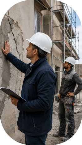 Expert examinant une façade fissurée sur un chantier.