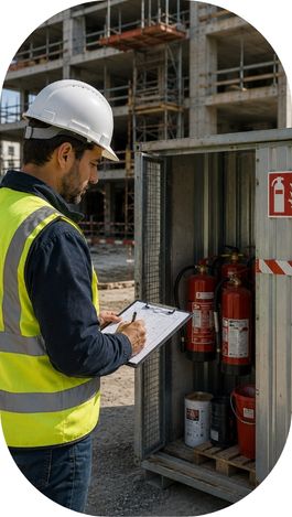 Responsable sécurité vérifiant des extincteurs dans une zone de stockage de chantier.