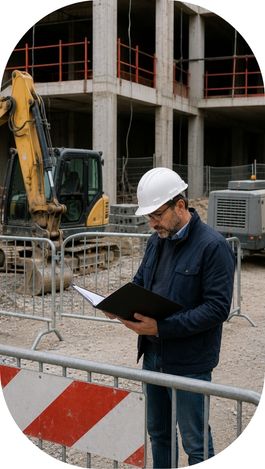 Professionnel du BTP consultant un dossier devant un chantier interrompu.