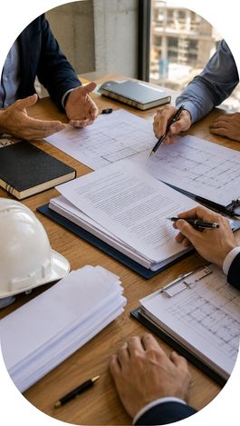 Documents juridiques et plans de chantier sur une table de réunion.