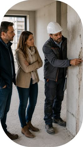 Expert bâtiment montrant un défaut apparent à des propriétaires dans un bâtiment en travaux.