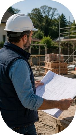 Maître d’œuvre supervisant un chantier avec plans et casque de sécurité.