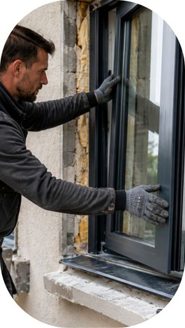 Menuisier posant une fenêtre extérieure sur une maison en rénovation.