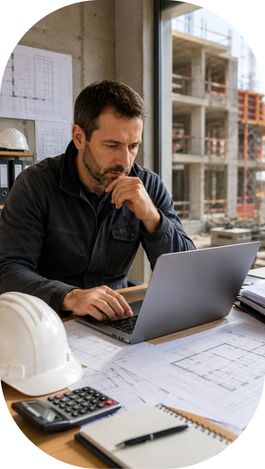 Professionnel du BTP consultant un devis d’assurance décennale sur ordinateur.
