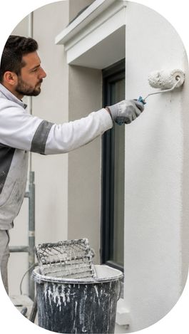 Peintre en bâtiment appliquant une peinture extérieure sur une façade rénovée.