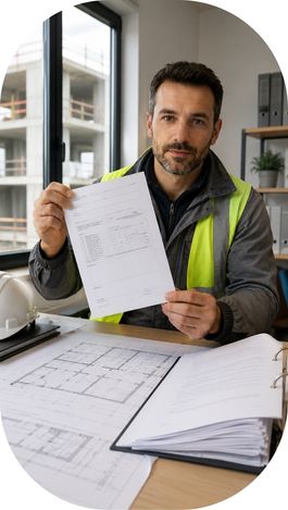 Professionnel du BTP présentant une attestation nominative de chantier.